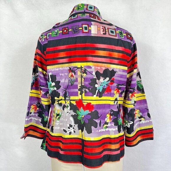 Mishca Front Tie Multi Colored Blouse 3/4 Length Sleeves Abstract Floral Artsy - Picture 3 of 5